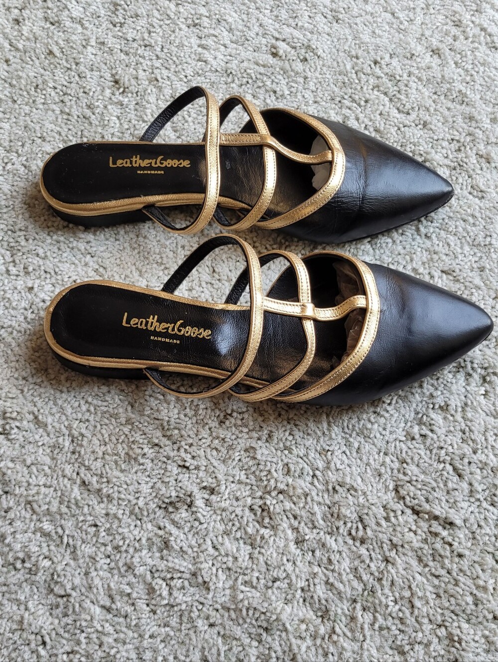 Black Leather Flat Mules With Gold Straps & Trim Very Good  Condition